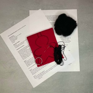 felt, string, stuffing, needle, keyring, and instructions