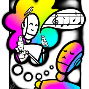 two robots. rainbow background. one is in the imagination of the other. it has birds singing to it