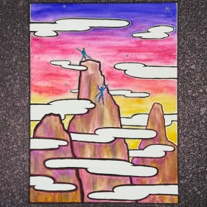 watercolor painting of stick people climbing mountains. clouds and sunset. glitter mat board mounting