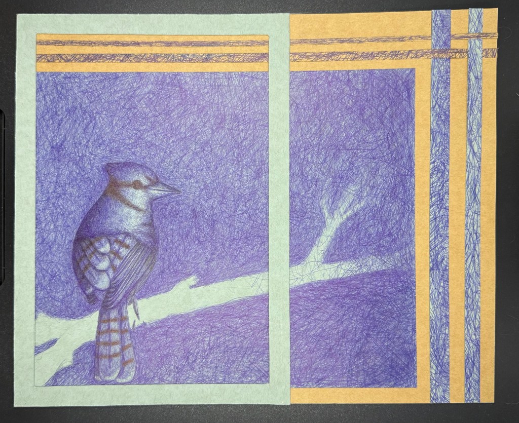 bluejay in blue ballpoint pen with paper cutout border
