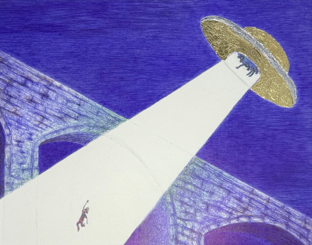 Blue ballpoint pen. Person jumping from bridge getting abducted by a gold and silver flying saucer. An alien extends a hand of welcome.