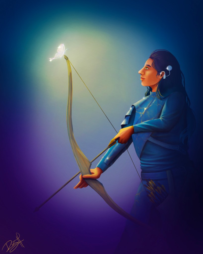 Glowing butterfly on a bow. A female archer with a cochlear implant