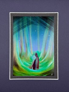 cloaked phantom character in the woods. greens illuminated in blue. on a navy blue mat