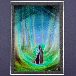 cloaked phantom character in the woods. greens illuminated in blue. on a navy blue mat