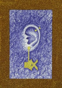 Blue ballpoint pen squiggles that make an ear with a gold earring with the mute symbol